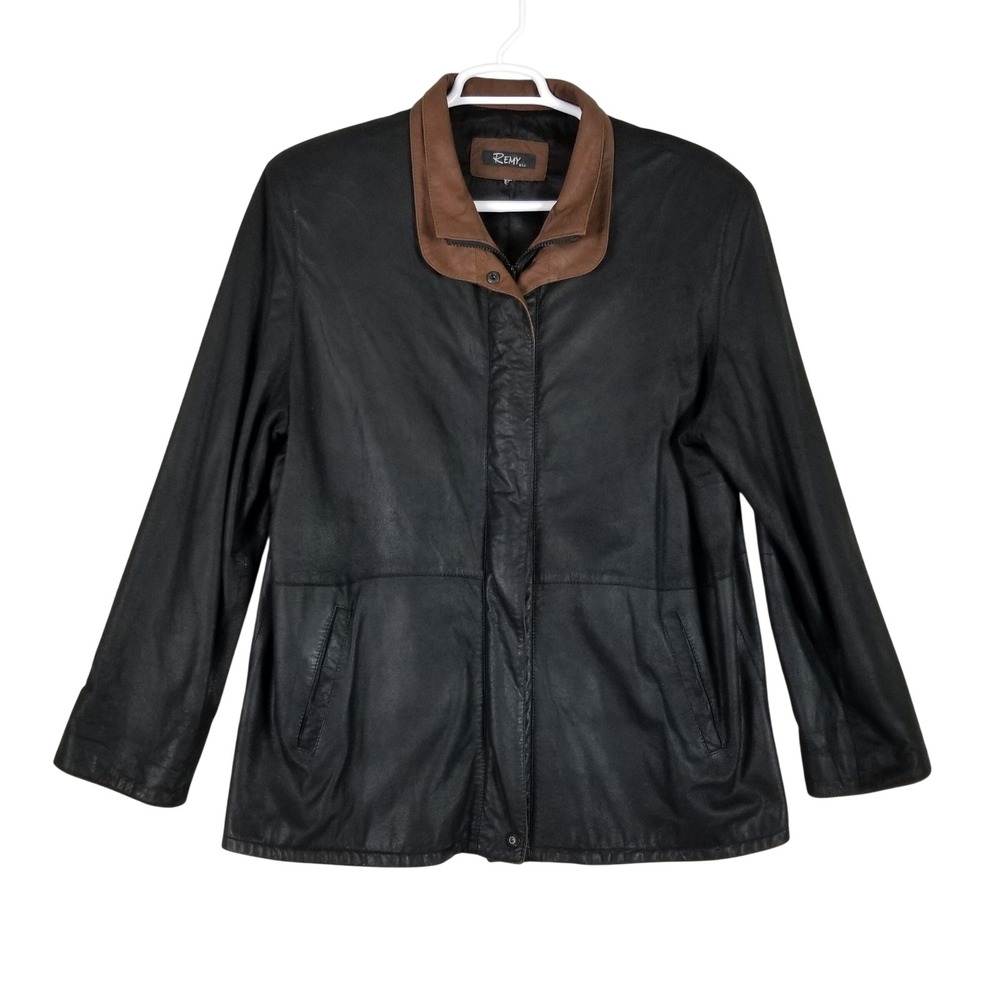 Remy Leather Jacket Mens L Black Brown USA Made Zip Front Collared Bomber